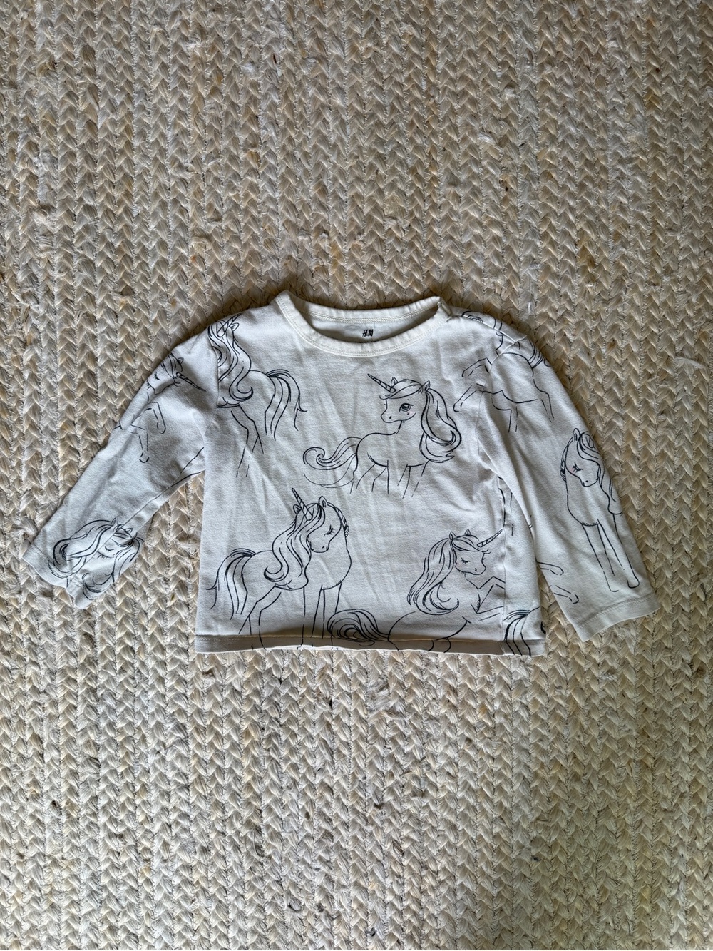 H&M White Long-Sleeve Top with Black Unicorn Sketches
